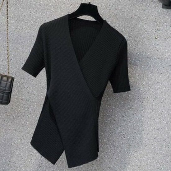 熱賣交叉針織V領T恤【黑色】【XL-4XL碼】（下單後請聯絡客服確認發貨尺碼）