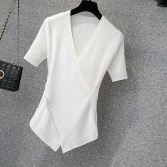 熱賣交叉針織V領T恤【白色】【XL-4XL碼】（下單後請聯絡客服確認發貨尺碼）