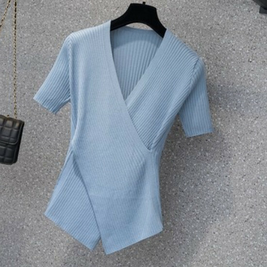 熱賣交叉針織V領T恤【藍色】【XL-4XL碼】（下單後請聯絡客服確認發貨尺碼）