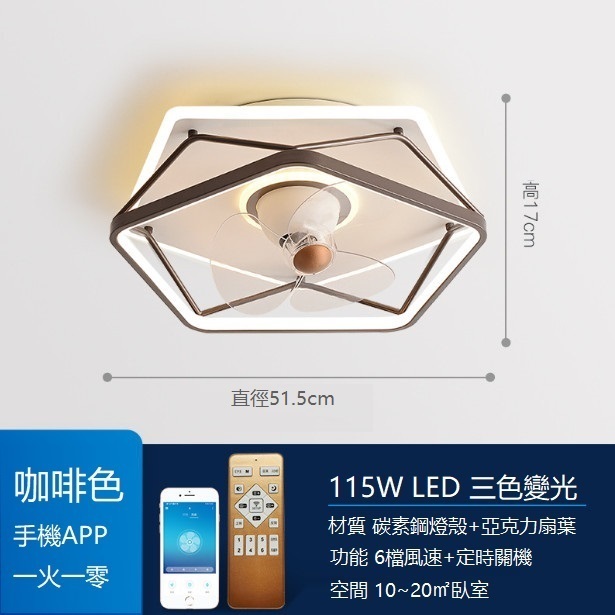 爆款簡約超薄吸頂風扇燈（【搖頭款】咖啡色變頻遙控+手機APP）