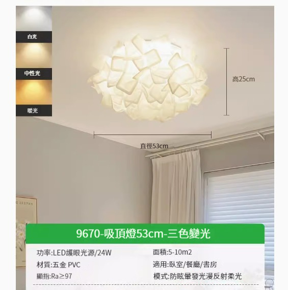 Popular LED ceiling lamp [Highlights] [White-53cm-Three-color dimming-24W]