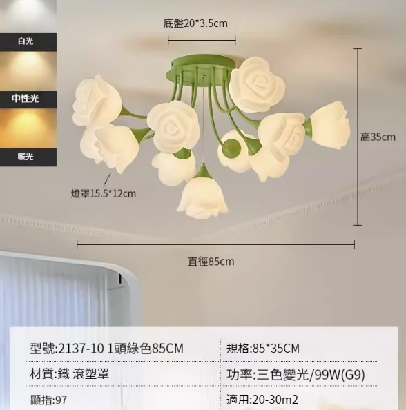 Hot recommended simple ceiling lamp [10+1-green-85CM-three-color dimming-99W]