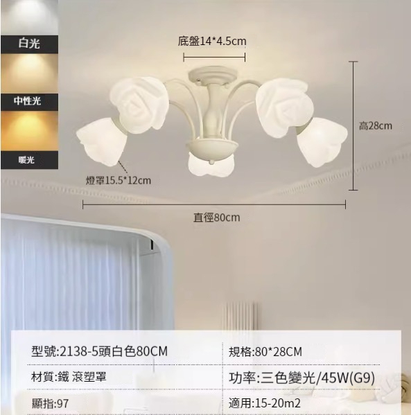 Hot recommended simple ceiling lamp [5 heads-white-80CM-three colors-45W]