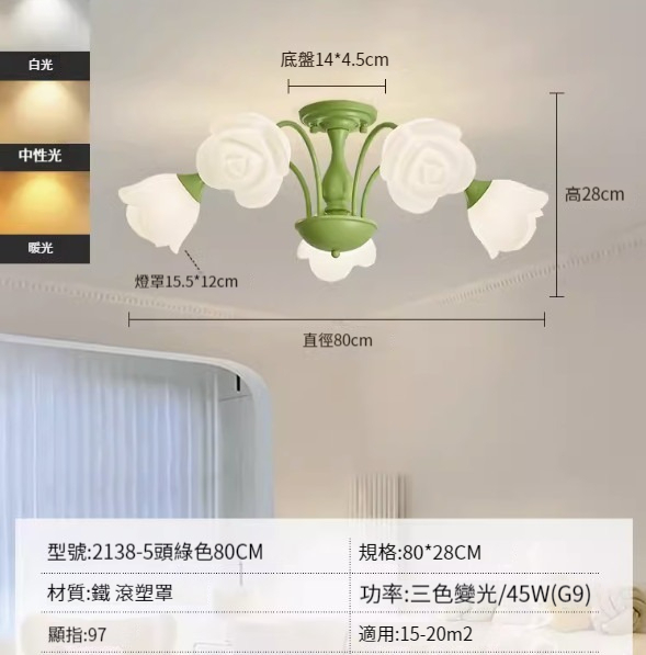 Hot recommended simple ceiling lamp [5 heads-green-80CM-three colors-45W]