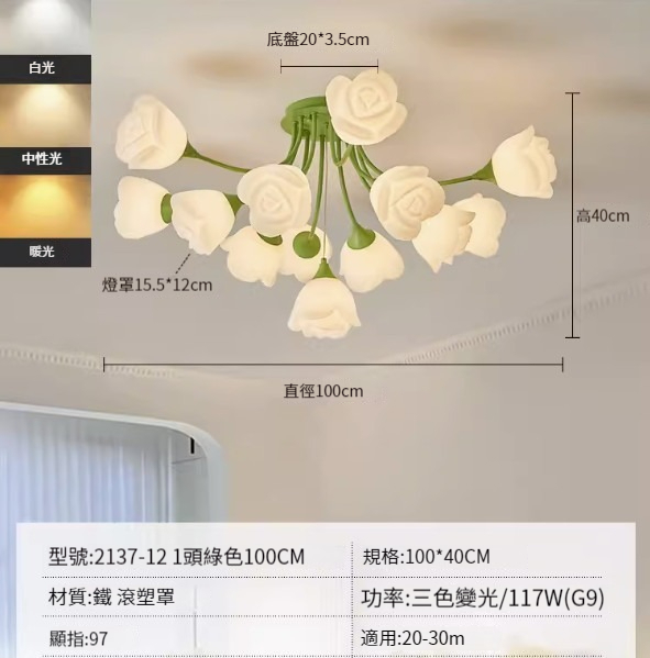 Hot recommended simple ceiling lamp [12+1-green-100CM-three-color dimming-117W]
