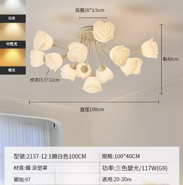 Hot recommended simple ceiling lamp [12+1-white-100CM-three-color dimming-117W]