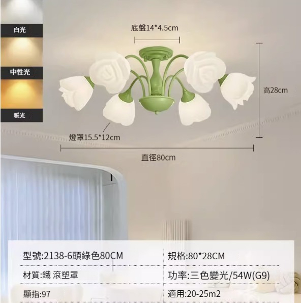 Hot recommended simple ceiling lamp [6 heads-green-80CM-three colors-54W]
