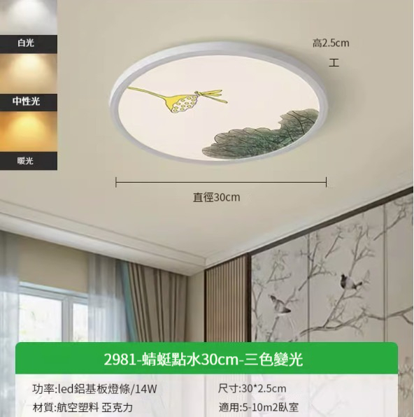 Hot recommended simple ceiling lamp [2981-Dragonfly Spotting Water 30cm-Three-color dimming 14W]