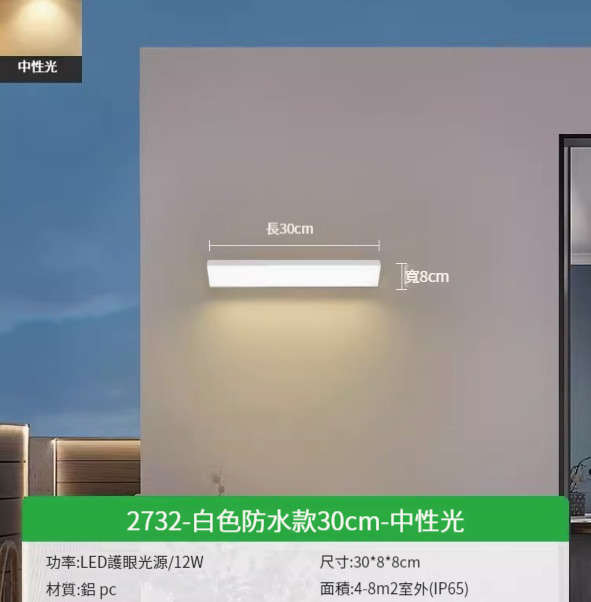 Hot recommended simple wall lamp [white waterproof model 30cm-neutral light 12W]