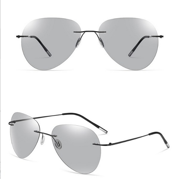 Hot new ultra-light titanium light polarized frameless color-changing sunglasses (nude mirror, black frame + color-changing film)