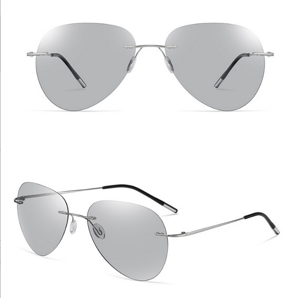Hot new ultra-light titanium light polarized frameless color-changing sunglasses (nude mirror, silver frame + color-changing lens)