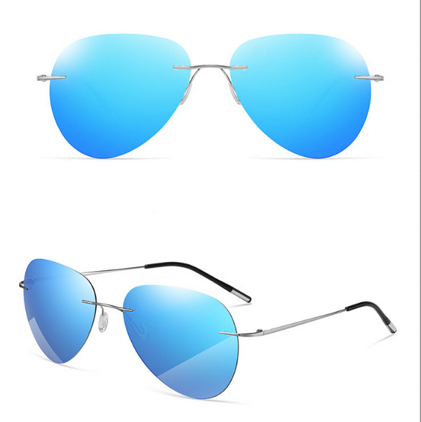 Hot new ultra-light titanium light polarized frameless color-changing sunglasses (nude mirror silver frame + reflective blue diaphragm)