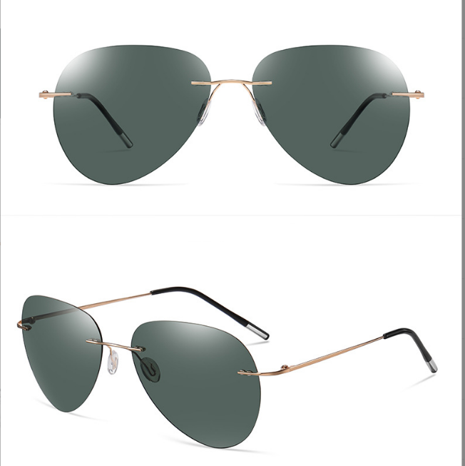 Hot new ultra-light titanium light polarized frameless color-changing sunglasses (nude mirror gold frame + dark green lens)
