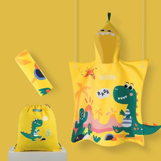 Popular children's quick-drying bath towel and hooded beach towel (yellow dinosaur)