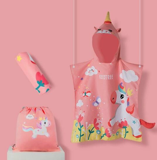 Popular children's quick-drying bath towel poncho with hood beach towel (pink unicorn)
