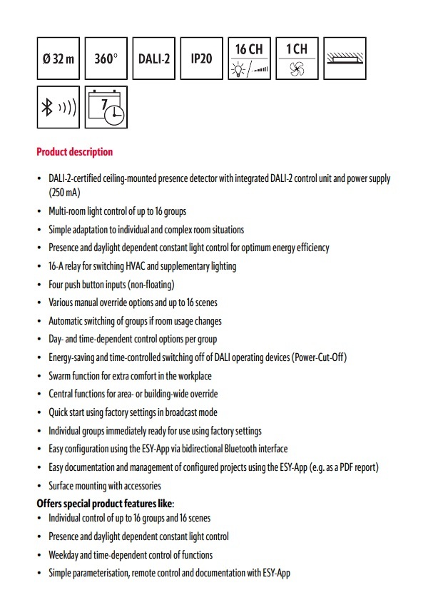 ESYLUX EP10428289 PD-C 360BT/32 APC20 PS PLUS DALI-2 DALI-2 認證吸頂式存在偵測器