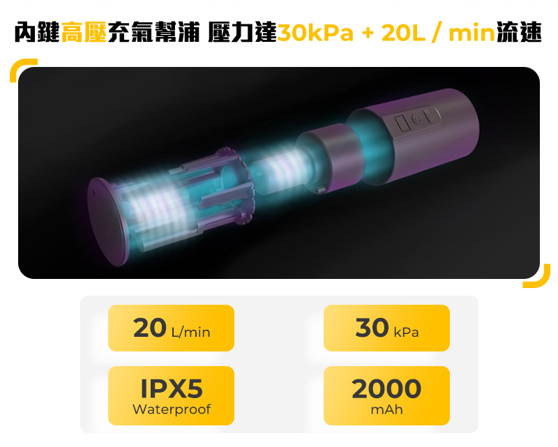 鍵高壓充氣幫浦 壓力達30 +  / min流速20 L/min30 kPaIPX52000Waterproof