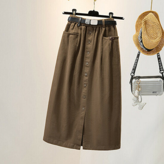 Hot selling buttoned slit skirt + belt [khaki] [M-4XL size] (please contact customer service to confirm the delivery size after placing the order)