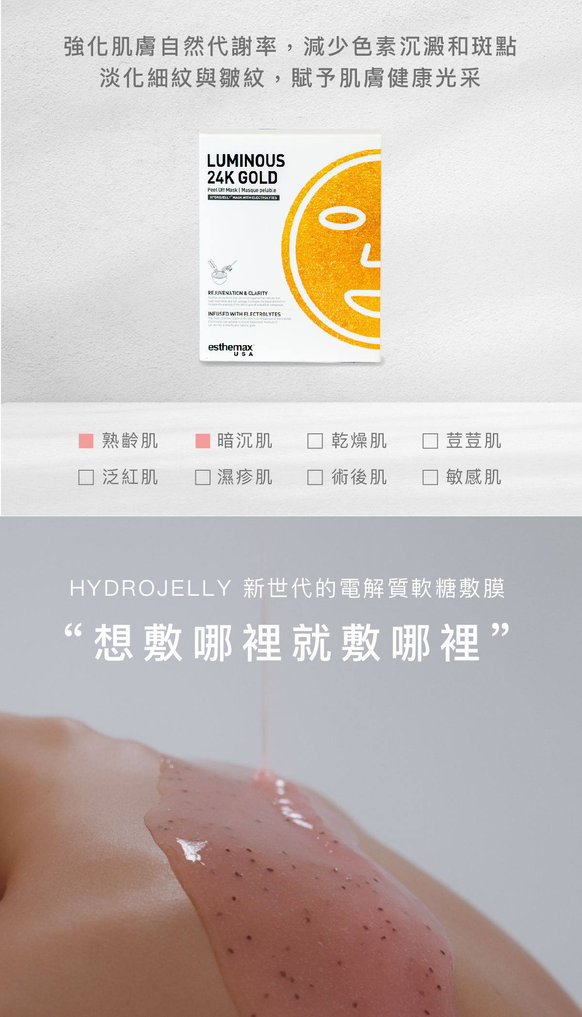 強化肌膚自然代謝率,減少色素沉澱和斑點 淡化細紋與皺紋,賦予肌膚健康光采 適用肌膚 熟齡肌 HYDROJELLY 新世代的電解質軟糖敷膜 “想敷哪裡就敷哪裡”