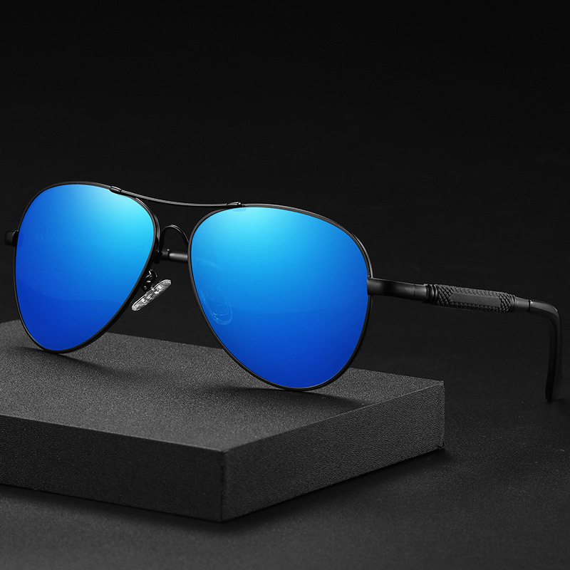 New color-changing sunglasses for men, memory frame, pilot polarized sunglasses, driving glasses (naked mirrors, no LOGO, black frame + reflective blue diaphragm)