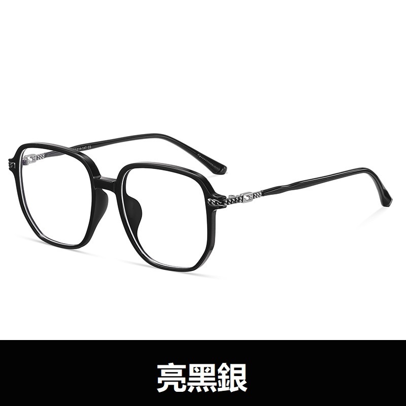 文藝復古電腦鏡框男女無度數配近視眼鏡手機防藍光平光鏡（亮黑銀色框）