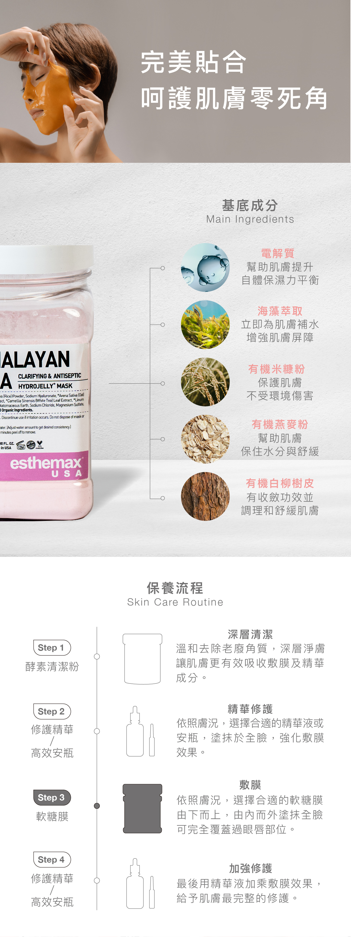 完美貼合 呵護肌膚零死角   基底成分 電解質：幫助肌膚提升自體保濕力平衡 海藻萃取：立即為肌膚補水，增強肌膚屏障  有機米糠粉：保護肌膚，不受環境傷害 有機燕麥粉：幫助肌膚保住水分與舒緩 有機白柳樹皮：有收斂功效並調理和舒緩肌膚  保養流程 流程1：酵素清潔粉 深層清潔 - 溫和去除老廢角質，深層淨膚讓肌膚更有效吸收敷膜及精華成分。  流程2：修護精華、高效安瓶 精華修護 - 依照膚況，選擇合適的精華液或安瓶，塗抹於全臉，強化敷膜效果。  流程3：軟糖膜 敷膜 - 依照膚況，選擇合適的軟糖膜由下⽽上，由內⽽外塗抹全臉可完全覆蓋過眼唇部位。  流程4：修護精華、高效安瓶 加強修護 - 最後⽤精華液加乘敷膜效果，給予肌膚最完整的修護。