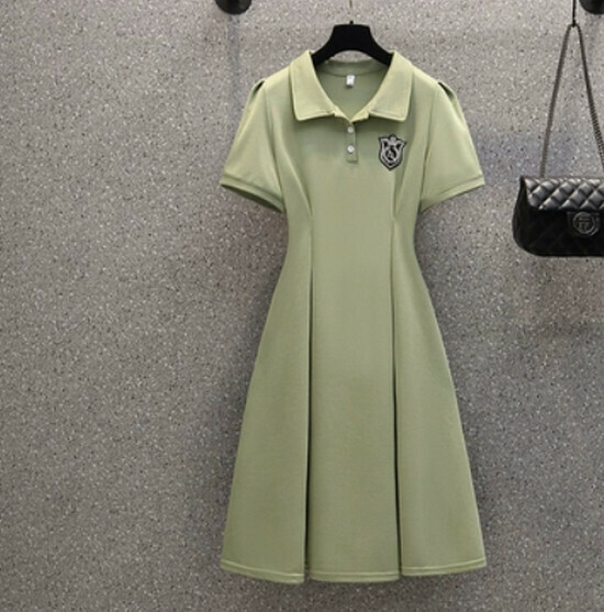 熱賣polo領連衣裙【豆綠色（長款）】【M-4XL碼】（下單後請聯絡客服確認發貨尺碼）