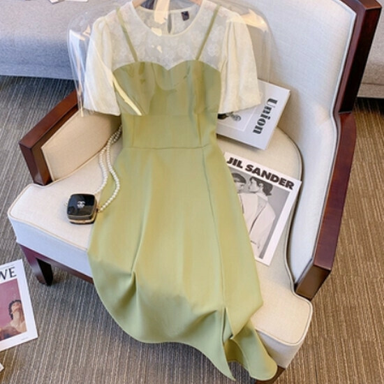 Hot selling fake two-piece dress [green] [size L-4XL] (please contact customer service to confirm the delivery size after placing the order)