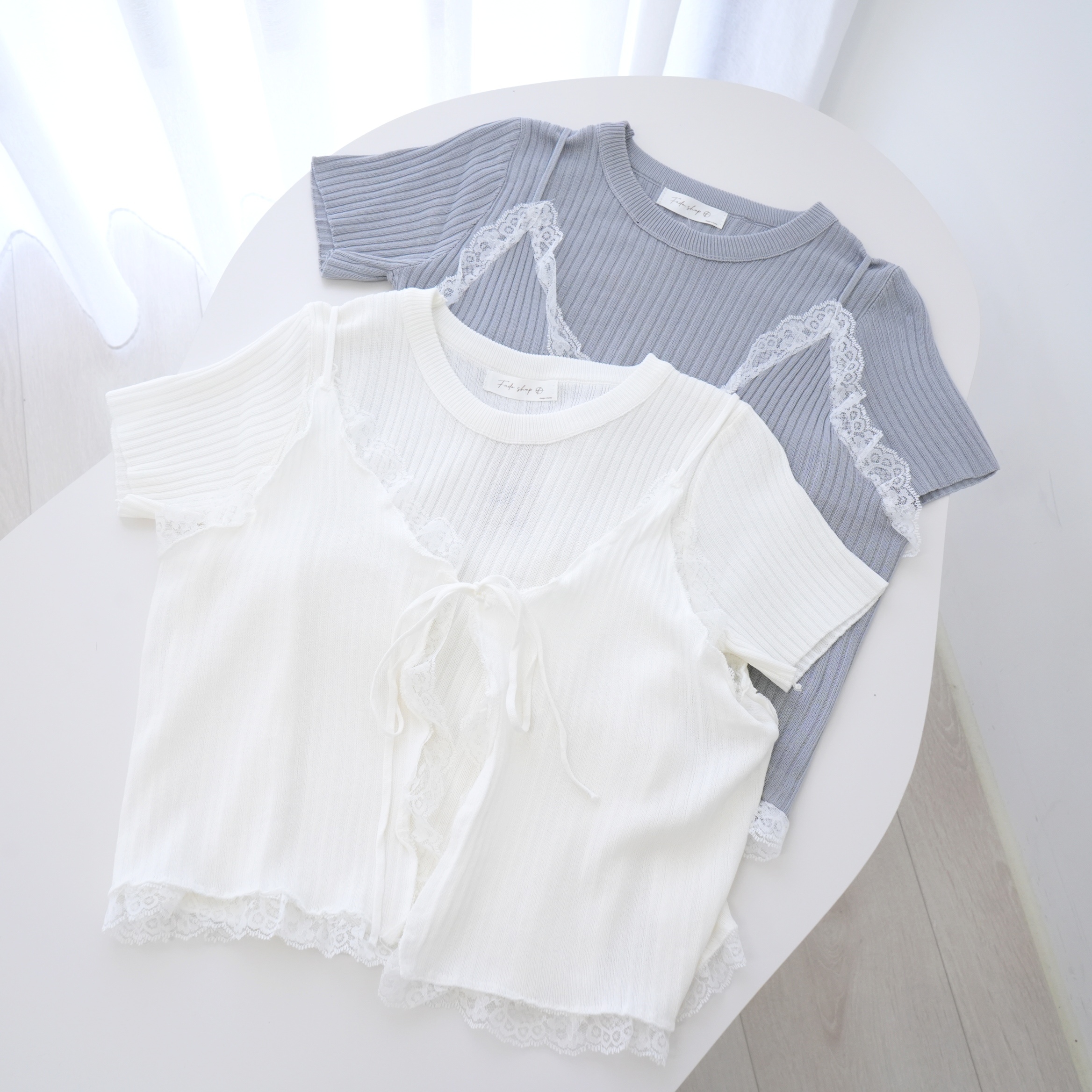 法朵Fado shop｜真.兩件式蕾絲綁帶針織衫916B003 白/灰