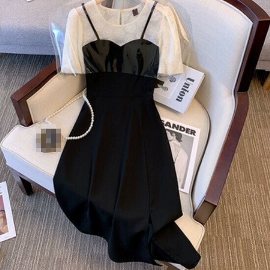 Hot selling fake two-piece dress [black] [L-4XL size] (please contact customer service to confirm the delivery size after placing the order)