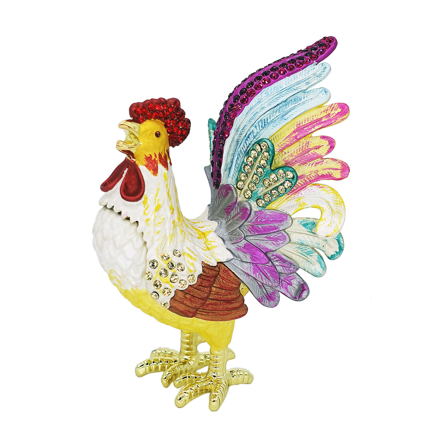 ADELINA crystal and enamel multi-coloured rooster trinket box