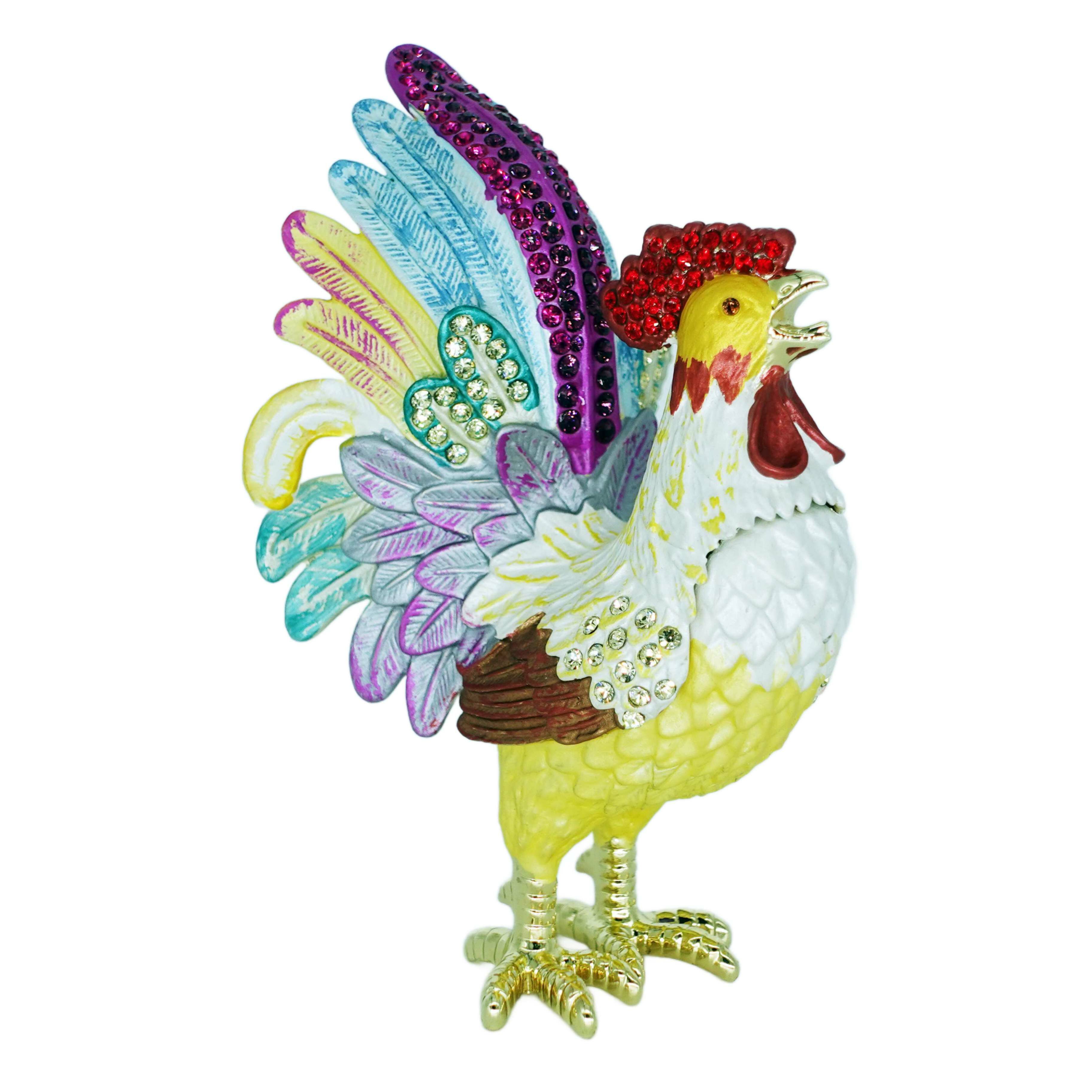 ADELINA crystal and enamel multi-coloured rooster trinket box