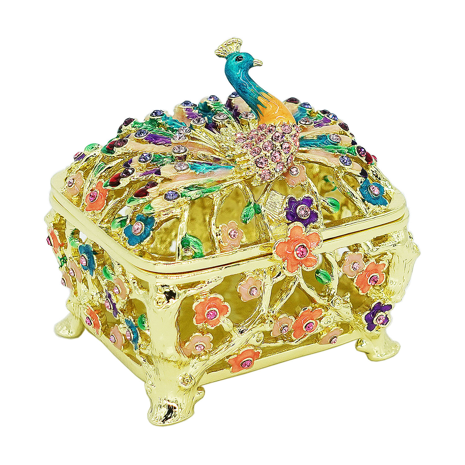 ADELINA crystal and enamel peacock trinket box