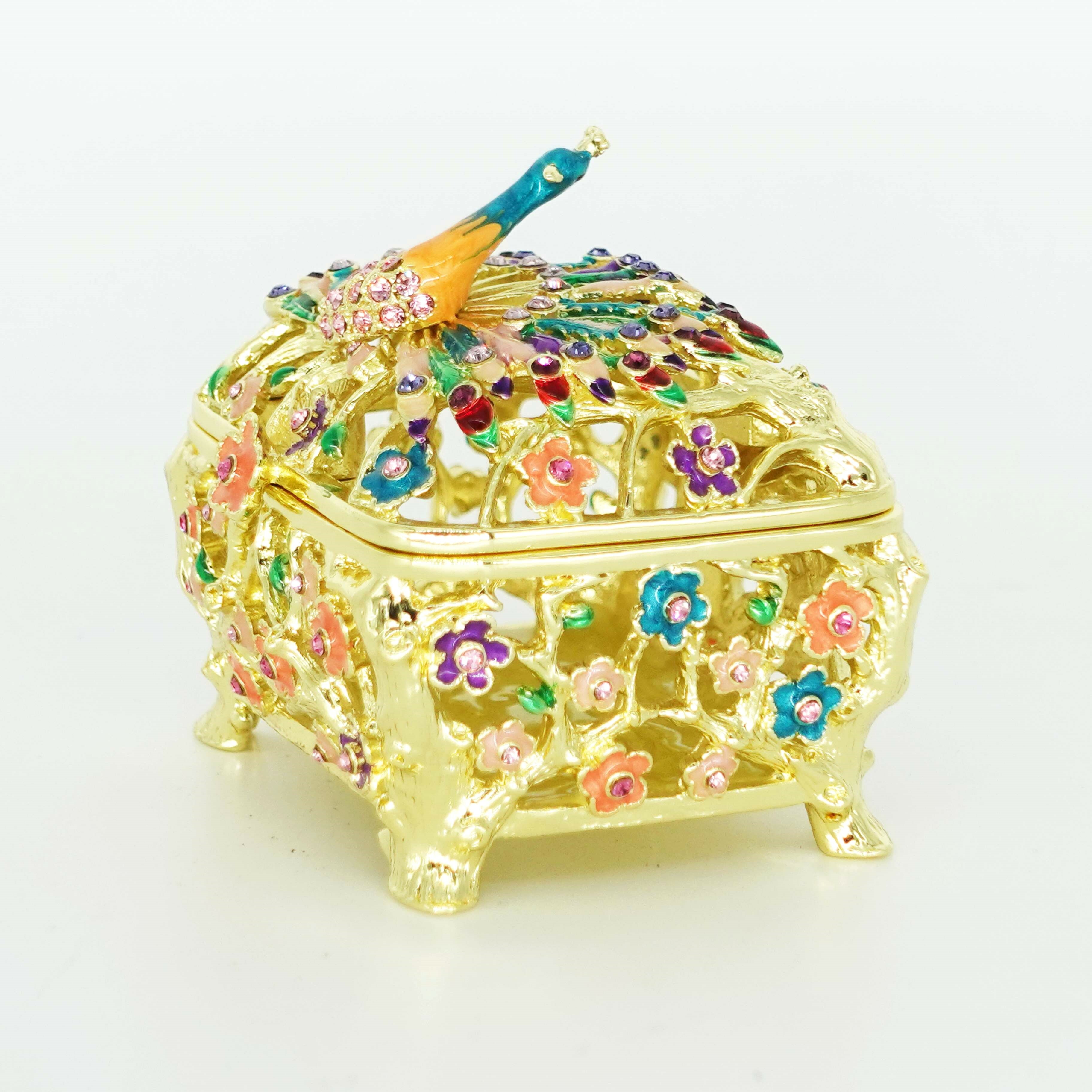 ADELINA crystal and enamel peacock trinket box