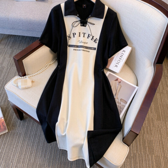 Hot selling spliced ​​polo collar dress [black] [L-4XL size] (please contact customer service to confirm the delivery size after placing the order)