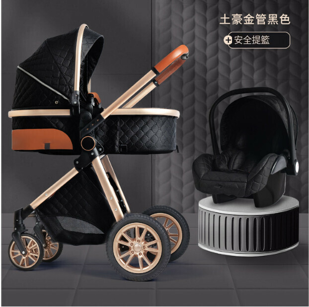 熱推母嬰育兒系列 嬰兒外出用品 嬰兒車 可坐可躺可換向避震摺疊手推車 V9-4.黑色帶汽座+土豪金車架.橡膠寶馬輪