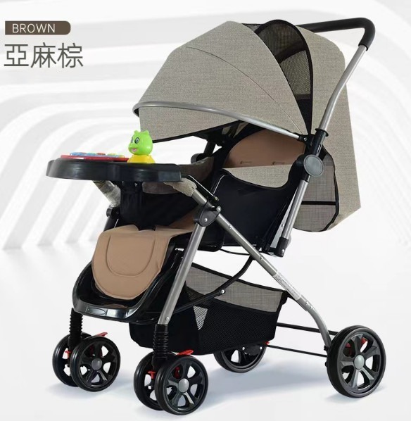 熱推可坐可躺摺疊四輪避震嬰兒推車（豪華版【卡其色】）