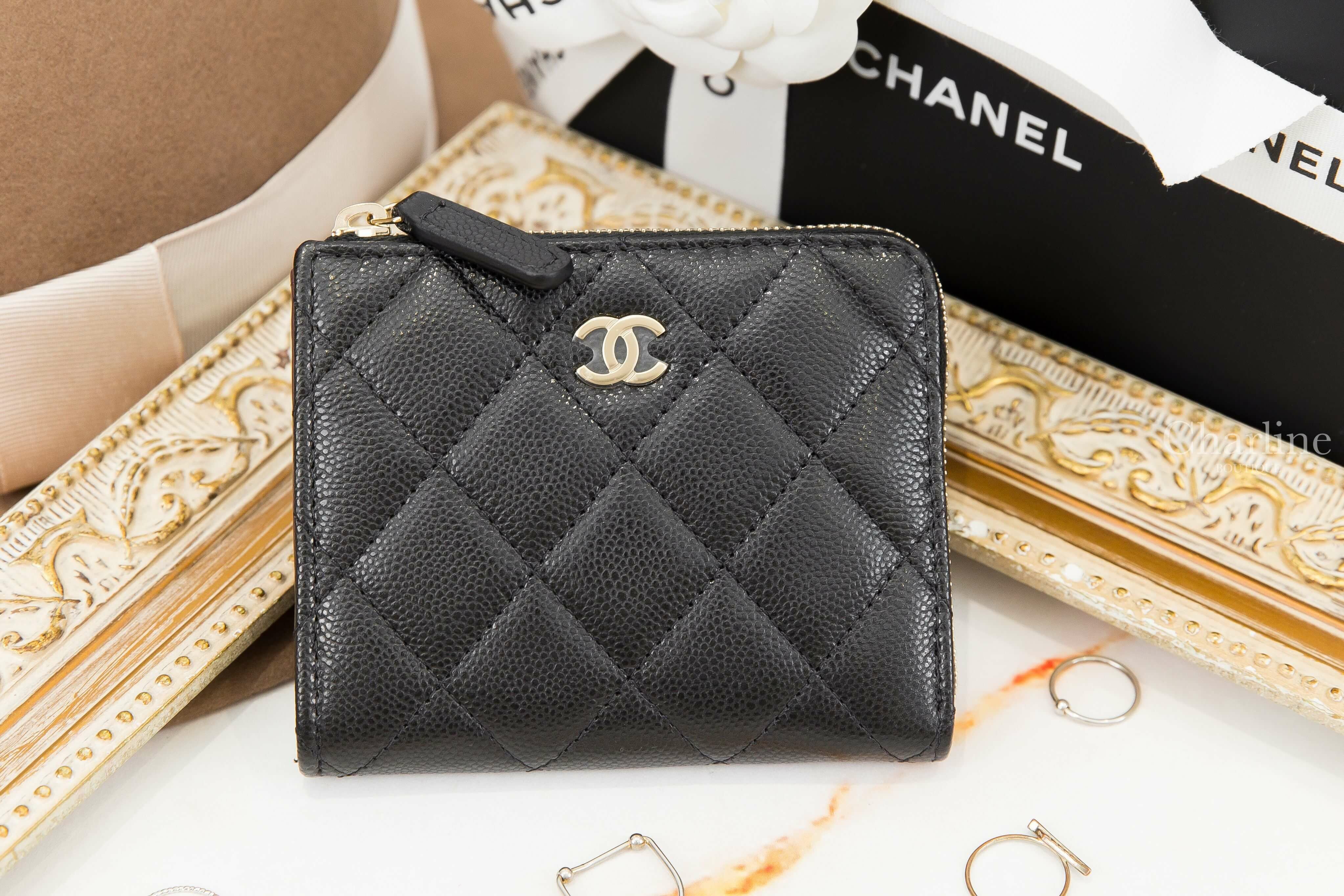 Chanel Coin Purse 黑色金CC荔枝菱格紋拉鍊方形零錢包-Charline Boutique 精品代購