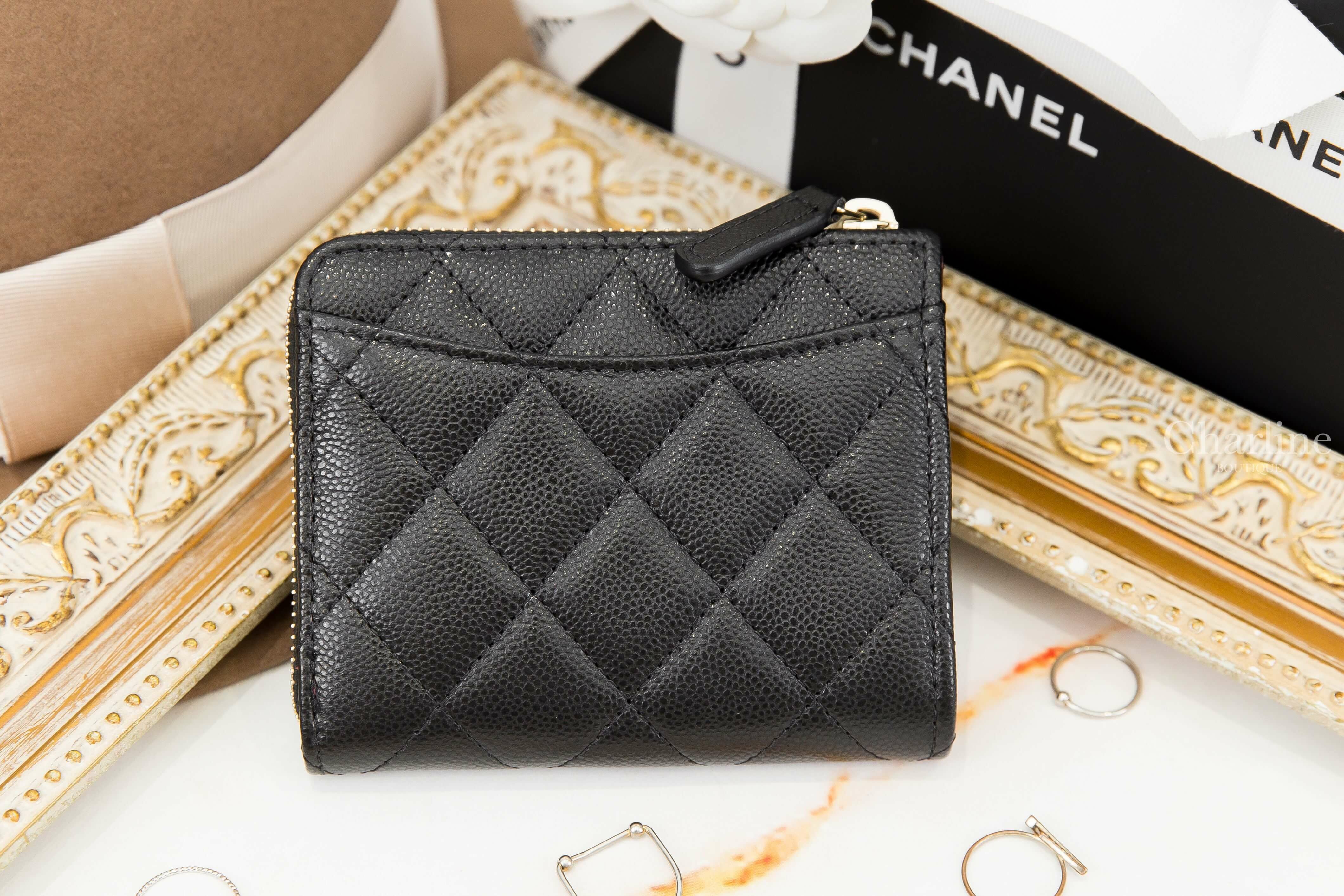 Chanel Coin Purse 黑色金CC荔枝菱格紋拉鍊方形零錢包-Charline Boutique 精品代購