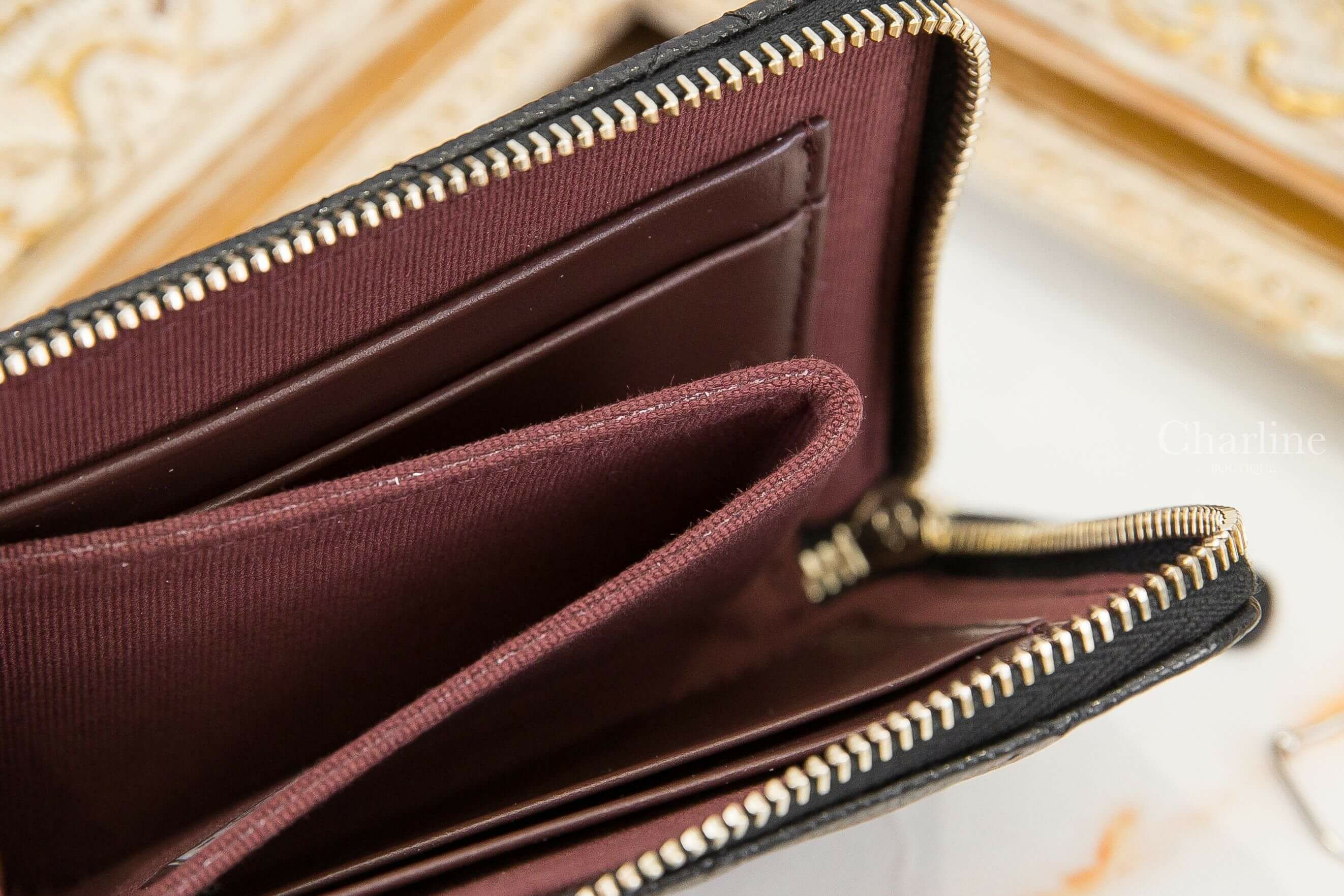 Chanel Coin Purse 黑色金CC荔枝菱格紋拉鍊方形零錢包-Charline Boutique 精品代購