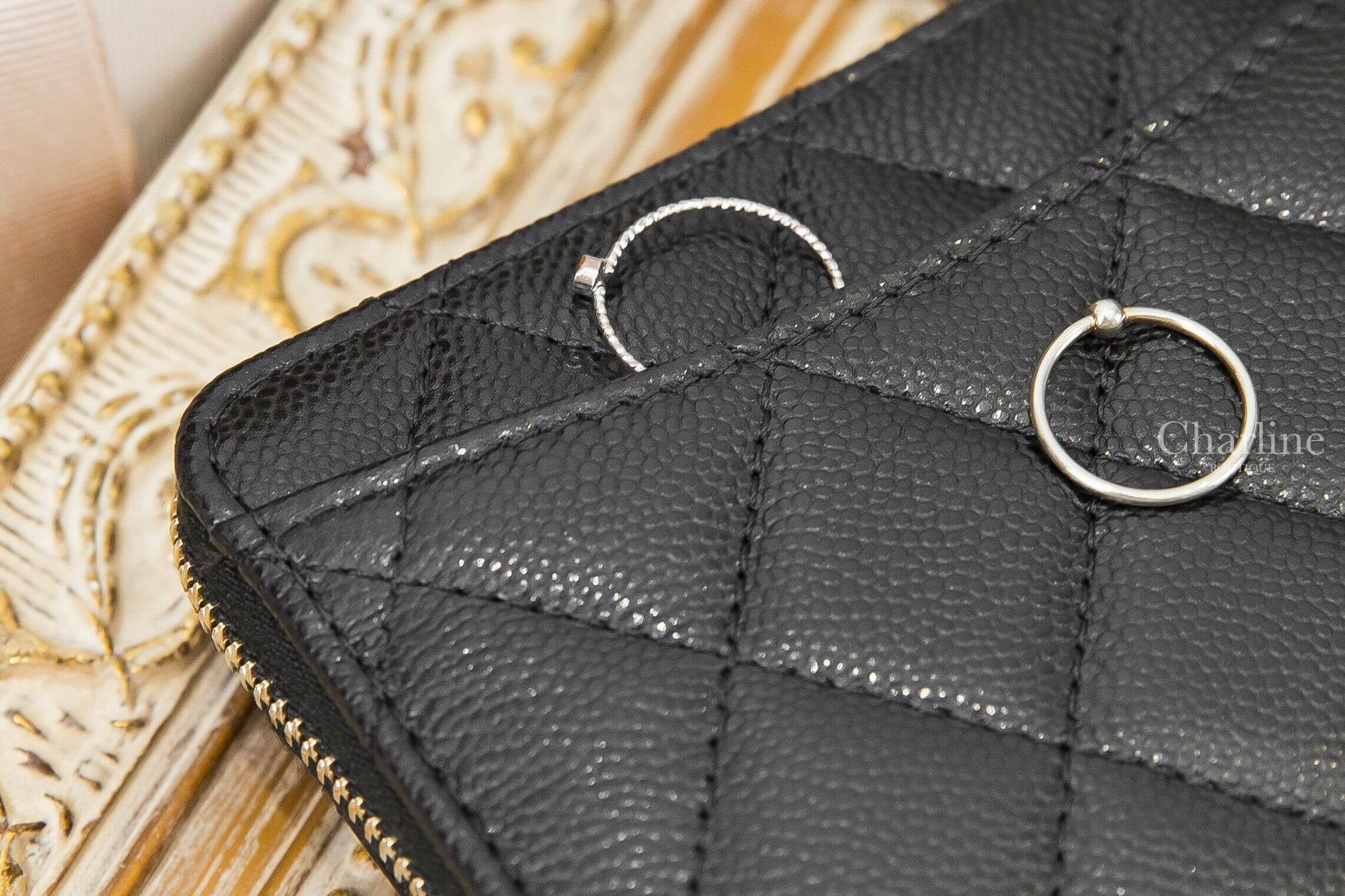 Chanel Coin Purse 黑色金CC荔枝拉鍊方形零錢包-Charline