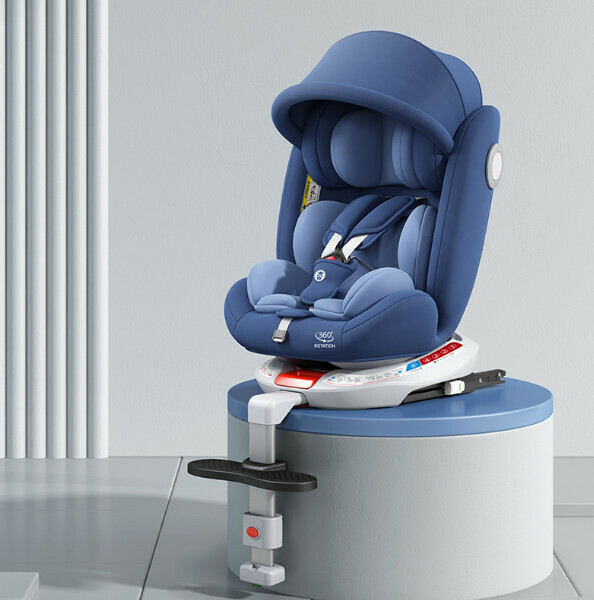 Popular children's car safety seat (technical blue aluminum alloy anti-roll support leg model + foot pedal awning 360-degree rotation)
