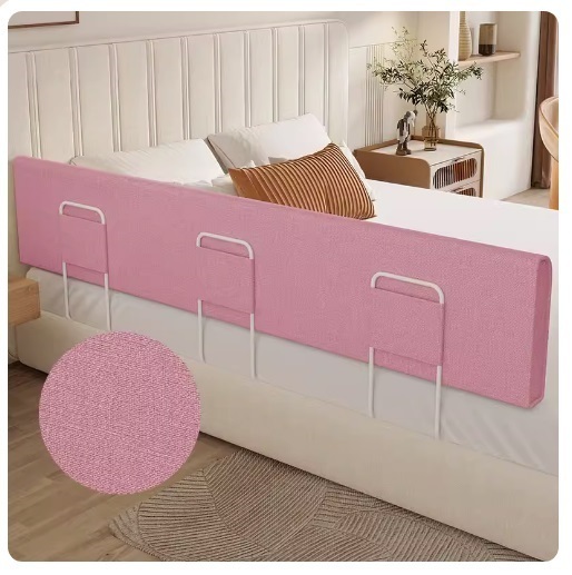 New baby anti-fall guard rail bed rail soft packed anti-collision pad (150cmx35cm high + 3 brackets) linen pink
