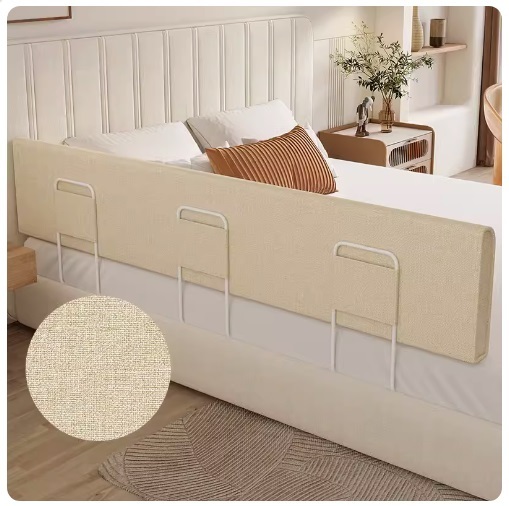 New baby anti-fall guardrail bed railing soft-packed anti-collision mat (150cmx25cm high + 3 brackets) linen off-white