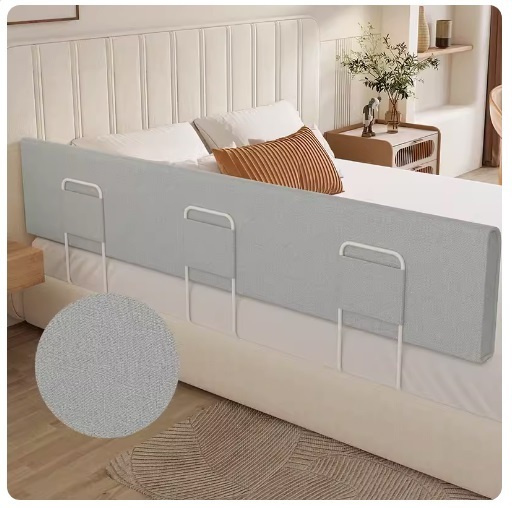 New baby anti-fall guard rail bed rail soft packed anti-collision mat (150cmx25cm high + 3 brackets) linen light gray