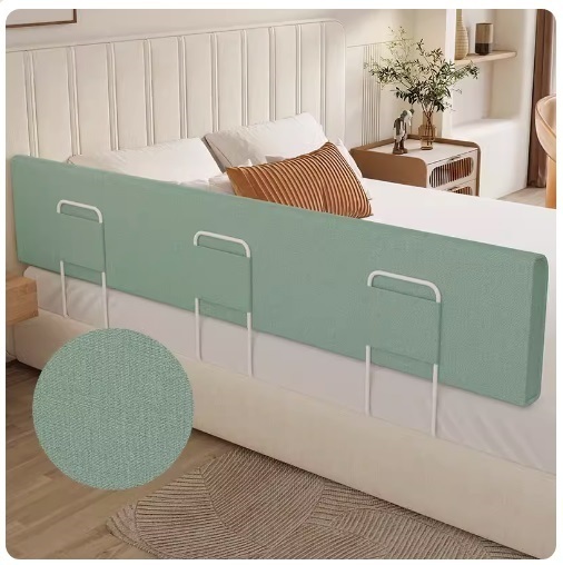 New baby anti-fall guard rail bed rail soft packed anti-collision mat (150cmx35cm high + 3 brackets) linen bean green
