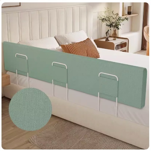 New baby anti-fall guardrail bed rail soft-packed anti-collision pad (150cmx25cm high + 3 brackets) linen bean green
