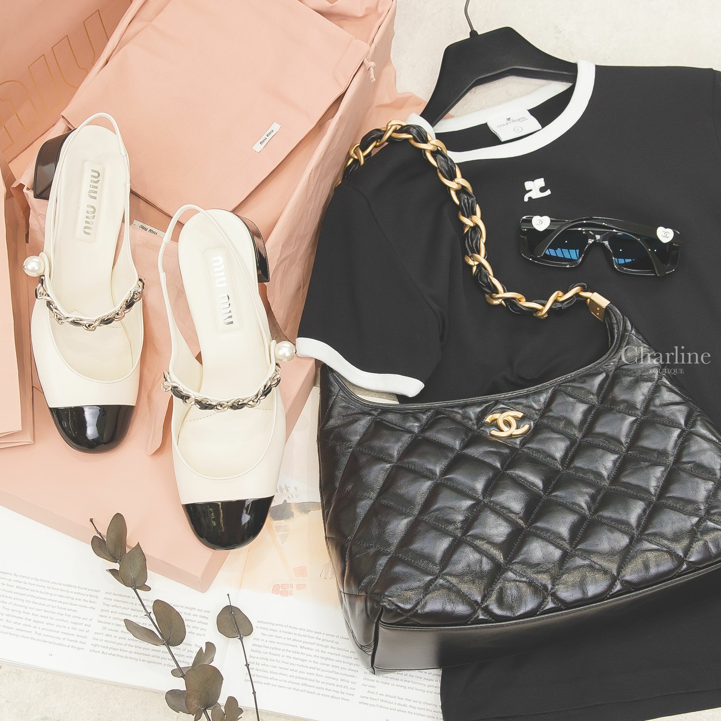Miu Miu Slingback 香草白拼黑色漆皮銀鍊珍珠低跟瑪莉珍鞋,Chanel Large Hobo 黑色金CC粗金鏈帶大型羊皮菱格紋手提肩背包,Chanel 黑色方框側邊白底愛心銀色CC太陽眼鏡-Charline Boutique 精品代購