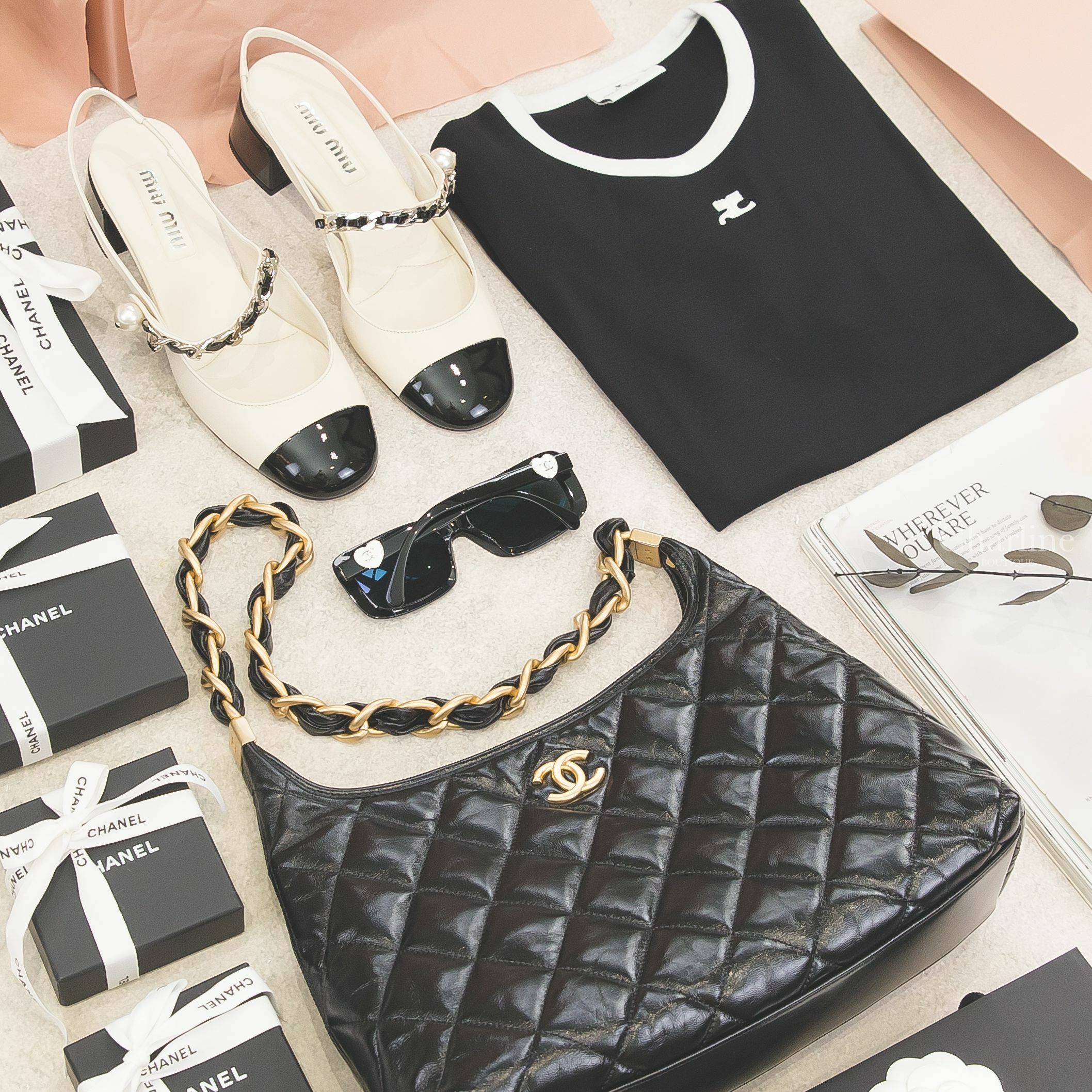 Miu Miu Slingback 香草白拼黑色漆皮銀鍊珍珠低跟瑪莉珍鞋,Chanel Large Hobo 黑色金CC粗金鏈帶大型羊皮菱格紋手提肩背包,Chanel 黑色方框側邊白底愛心銀色CC太陽眼鏡-Charline Boutique 精品代購