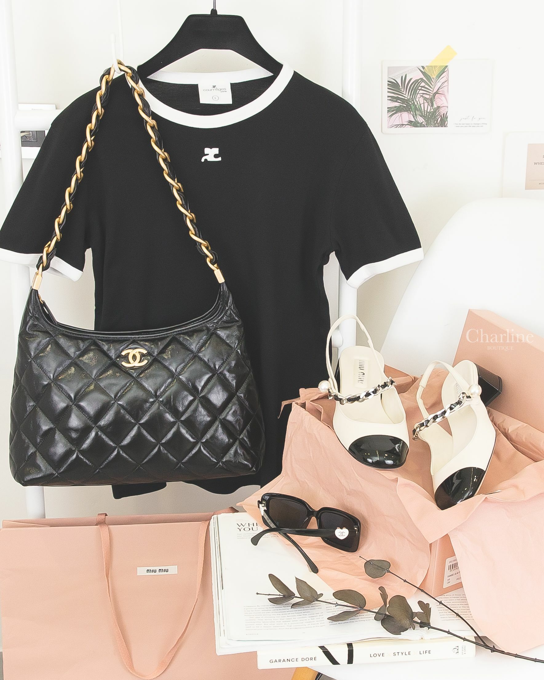 Miu Miu Slingback 香草白拼黑色漆皮銀鍊珍珠低跟瑪莉珍鞋,Chanel Large Hobo 黑色金CC粗金鏈帶大型羊皮菱格紋手提肩背包,Chanel 黑色方框側邊白底愛心銀色CC太陽眼鏡-Charline Boutique 精品代購